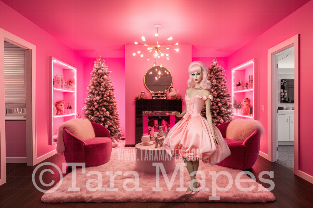 Pink Doll House Christmas Room Digital Backdrop - Pink Dollhouse Christmas Digital Background