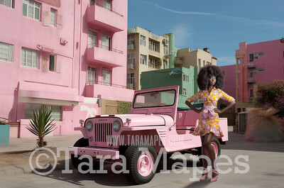 Dollhouse Car Digital Backdrop -  Pink doll house Vehicle Digital Background