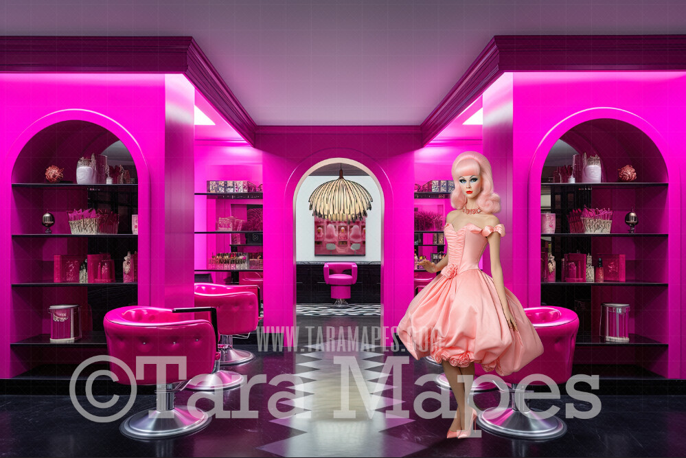 Pink Doll House Salon Digital Backdrop - Pink Hair Salon Dollhouse Digital Background