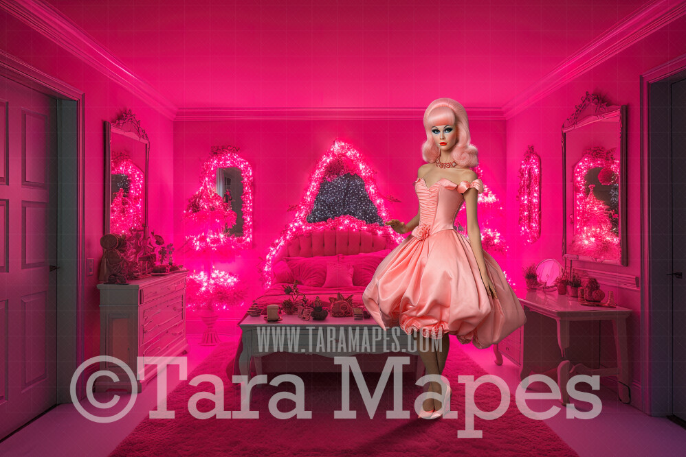 Pink Doll House Bed Room Digital Backdrop - Pink Dollhouse Bed room Digital Background