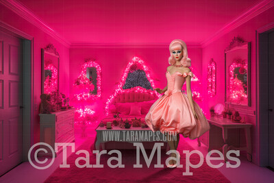Pink Doll House Bed Room Digital Backdrop - Pink Dollhouse Bed room Digital Background