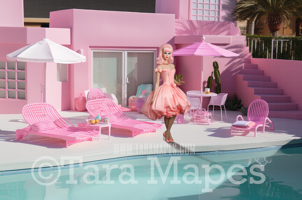 Pink Doll House Pool Patio Digital Backdrop - Pink Dollhouse Patio with Pool Digital Background