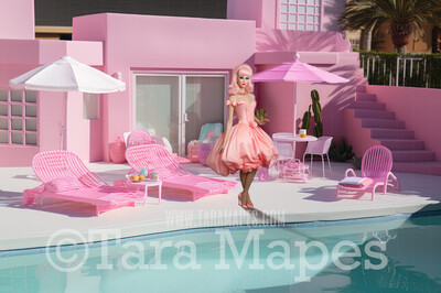 Pink Doll House Pool Patio Digital Backdrop - Pink Dollhouse Patio with Pool Digital Background