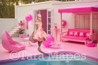Pink Doll House Pool Patio Digital Backdrop - Pink Dollhouse Patio with Pool Digital Background
