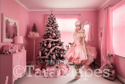 Pink Doll House Christmas Room Digital Backdrop - Pink Dollhouse Christmas Digital Background