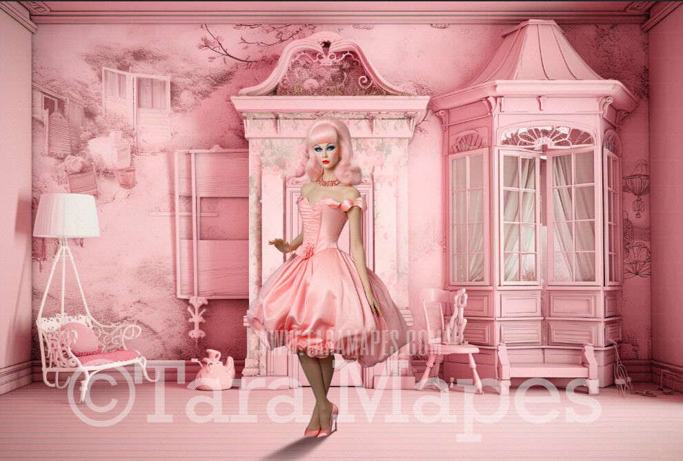 Dollhouse Livingroom Digital Backdrop -  Pink doll house living room Digital Background
