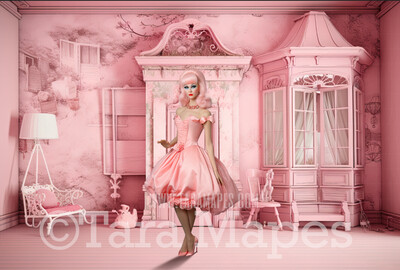 Dollhouse Livingroom Digital Backdrop -  Pink doll house living room Digital Background