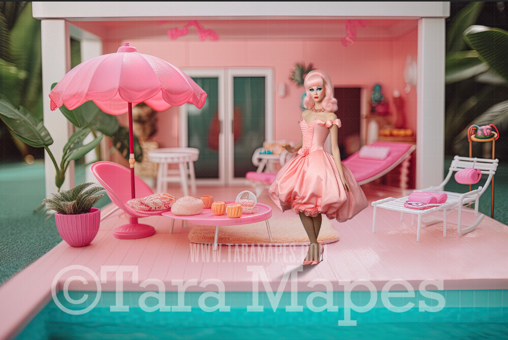 Pink Doll House Pool Patio Digital Backdrop - Pink Dollhouse Patio with Pool Digital Background