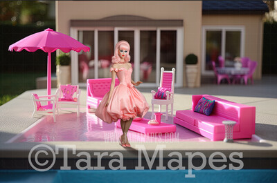 Pink Doll House Pool Patio Digital Backdrop - Pink Dollhouse Patio with Pool Digital Background