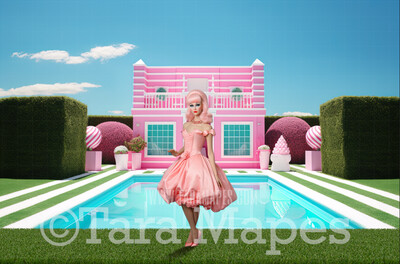 Pink Doll Beach House Digital Backdrop - Dream House with Pool Patio Digital Backdrop - Pink Dollhouse Digital Background