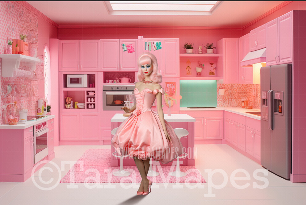 Dollhouse Kitchen Digital Backdrop -  Pink doll house kitchen Digital Background