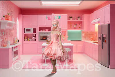 Dollhouse Kitchen Digital Backdrop -  Pink doll house kitchen Digital Background