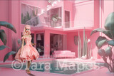 Pink Doll House Pool Patio Digital Backdrop - Pink Dollhouse Patio with Pool Digital Background