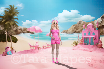 Doll Beach Digital Backdrop -  Pink Beach Digital Background
