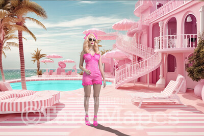 Doll Beach House Digital Backdrop -  Pink Beach House with Pool Digital Background