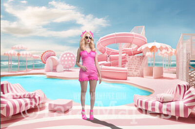 Doll Beach House Digital Backdrop -  Pink Beach House with Pool Digital Background