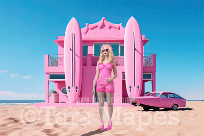 Doll Beach House Digital Backdrop -  Pink Beach with Mansion - Pink Beach House Digital Background