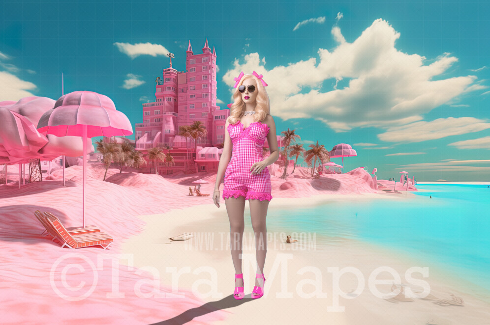 Doll Beach Digital Backdrop -  Pink Beach with Mansions - Turquoise Ocean Pink Beach Digital Background