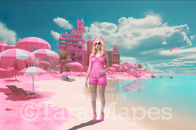 Doll Beach Digital Backdrop -  Pink Beach with Mansions - Turquoise Ocean Pink Beach Digital Background