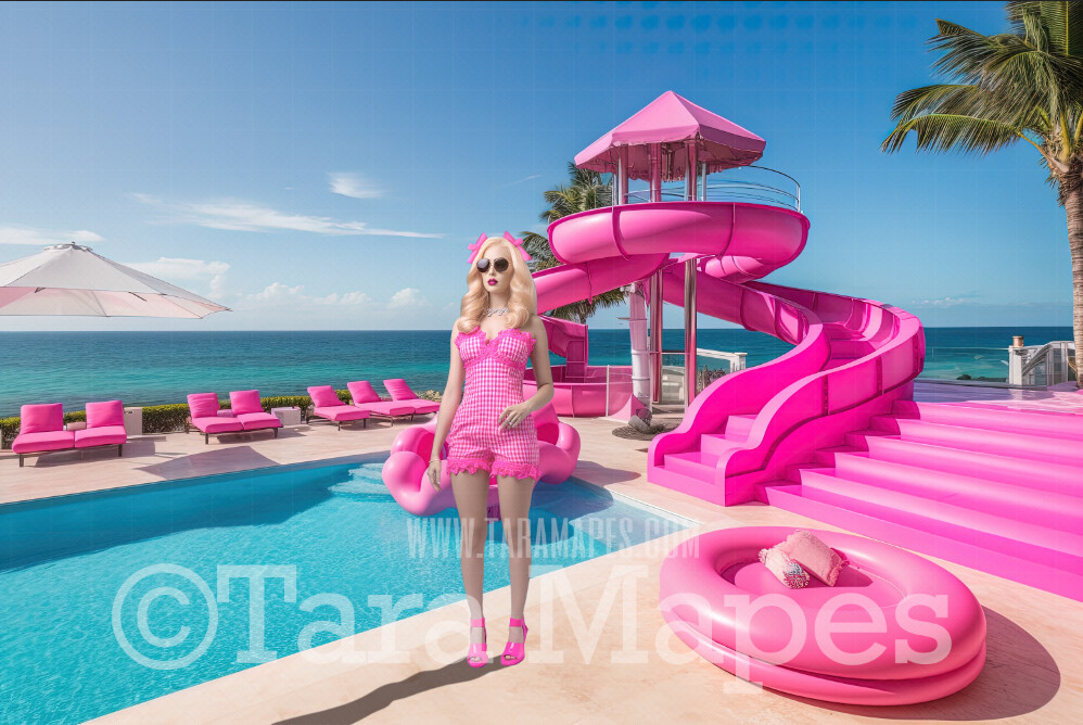 Doll Pool Slide Digital Backdrop -  Pink Pool Slide - Pink Beach House Pool Patio Digital Background