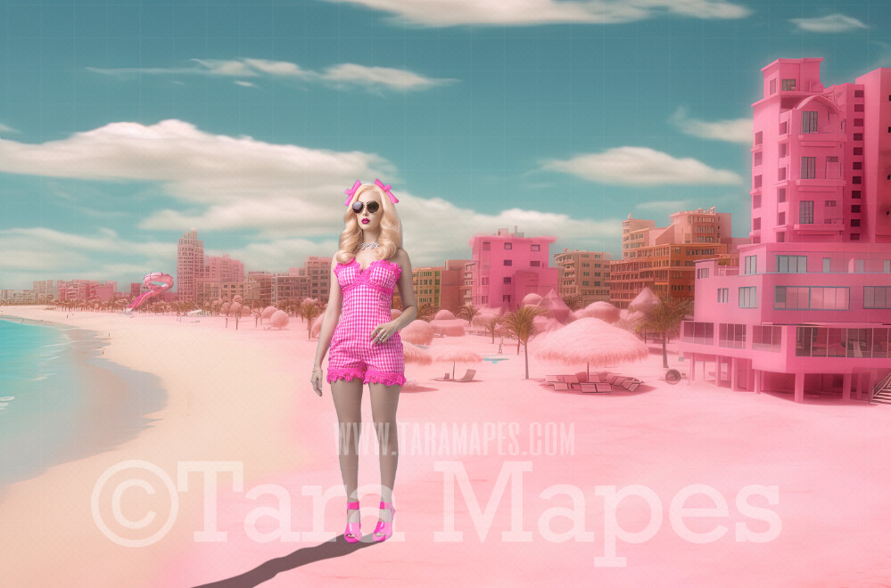 Doll Beach Digital Backdrop -  Pink Beach with Mansions - Turquoise Ocean Pink Beach Digital Background