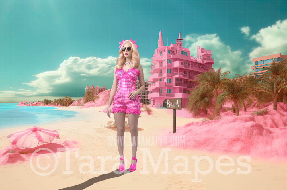Doll Beach Digital Backdrop -  Pink Beach with Mansions - Turquoise Ocean Pink Beach Digital Background