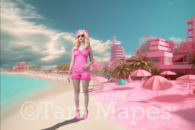 Doll Beach Digital Backdrop -  Pink Beach with Mansions - Turquoise Ocean Pink Beach Digital Background