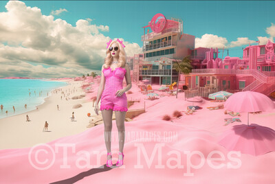 Doll Beach Digital Backdrop -  Pink Beach with Mansions - Turquoise Ocean Pink Beach Digital Background