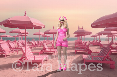 Doll Beach Digital Backdrop -  Pink Beach with Beach Chairs - Turquoise Ocean Pink Beach Digital Background