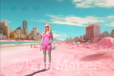 Doll Beach Digital Backdrop -  Pink Beach with Mansions - Turquoise Ocean Pink Beach Digital Background