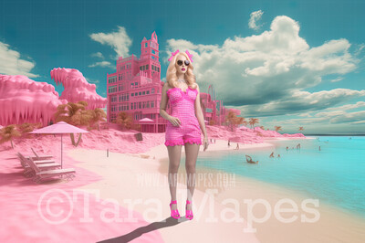 Doll Beach Digital Backdrop -  Pink Beach with Mansions - Turquoise Ocean Pink Beach Digital Background