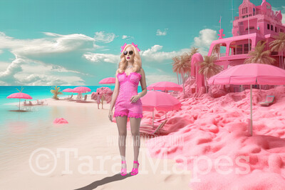 Doll Beach Digital Backdrop -  Pink Beach with Mansions - Turquoise Ocean Pink Beach Digital Background