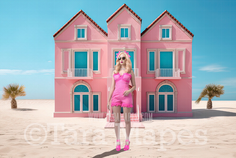 Doll Beach House Digital Backdrop -  Pink Beach with Mansions - Turquoise Ocean Pink Beach Digital Background