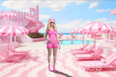 Doll Beach House Digital Backdrop -  Pink Beach House with Pool Digital Background