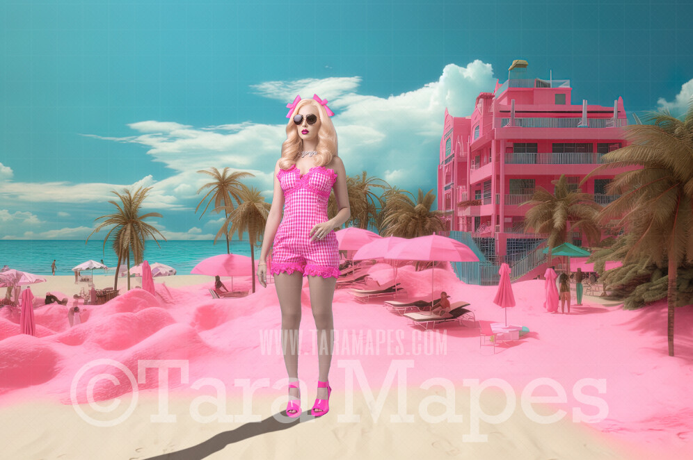 Doll Beach Digital Backdrop -  Pink Beach with Mansions - Turquoise Ocean Pink Beach Digital Background