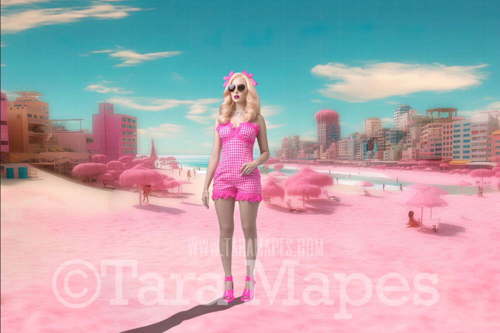 Doll Beach Digital Backdrop -  Pink Beach with Mansions - Turquoise Ocean Pink Beach Digital Background