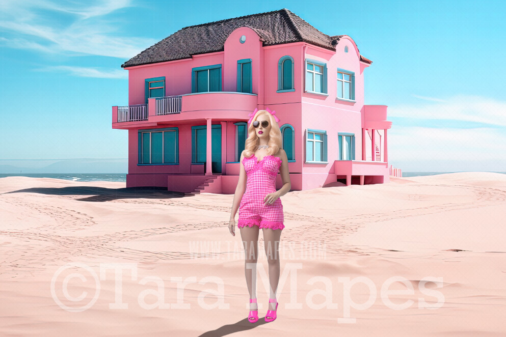 Doll Beach House Digital Backdrop -  Pink Beach with Mansions - Pink Beach House Digital Background