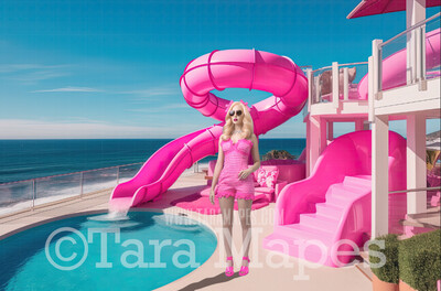 Doll Pool Slide Digital Backdrop -  Pink Pool Slide - Pink Beach House Pool Patio Digital Background