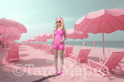 Doll Beach Digital Backdrop -  Pink Beach with Beach Chairs - Turquoise Ocean Pink Beach Digital Background