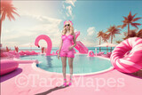 Doll Pool Slide Digital Backdrop -  Pink Pool Slide - Pink Beach House Pool Patio Digital Background