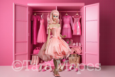 Pink Doll House Closet of Dresses Digital Backdrop - Pink Dollhouse Wardrobe Digital Background