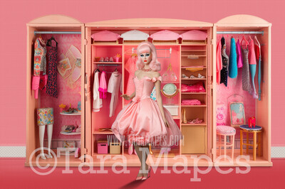 Pink Doll House Closet of Summer Dresses Digital Backdrop - Pink Dollhouse Beach Wardrobe Digital Background