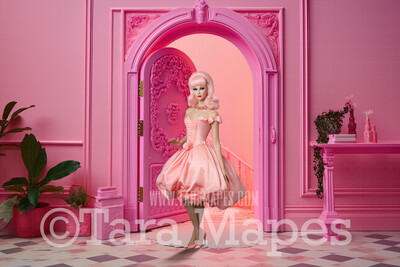 Pink Doll House Entrance Digital Backdrop - Pink Dollhouse Door Digital Background