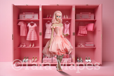 Pink Doll House Closet of Dresses Digital Backdrop - Pink Dollhouse Wardrobe Digital Background