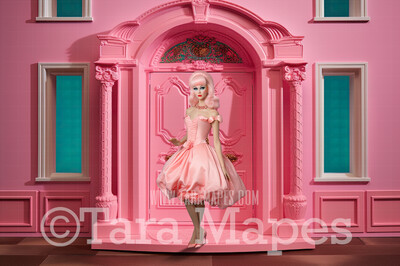 Pink Doll House Entrance Digital Backdrop - Pink Dollhouse Door Digital Background