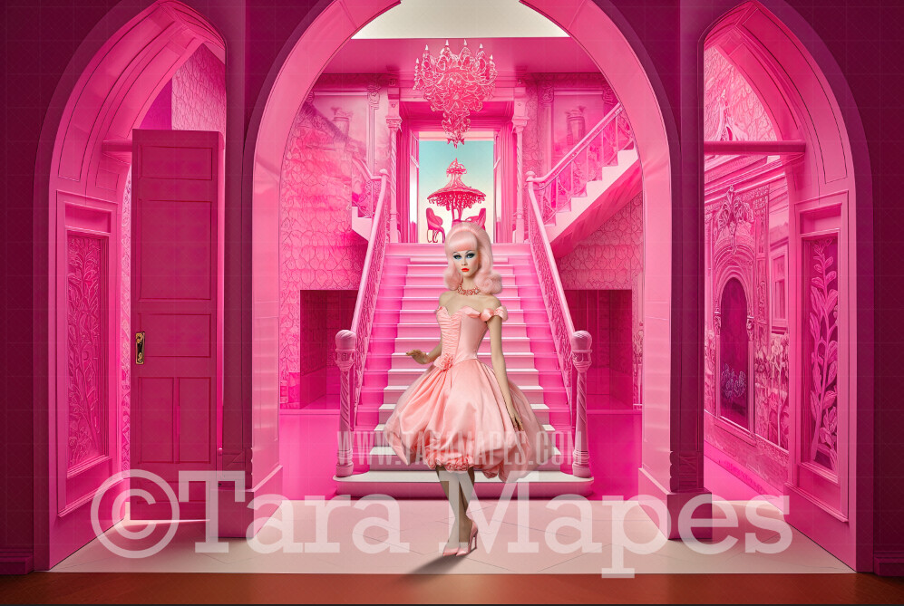 Pink Doll House Entrance Digital Backdrop - Pink Dollhouse Door Digital Background