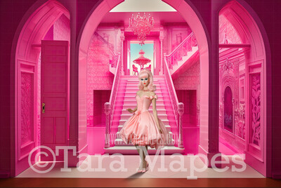 Pink Doll House Entrance Digital Backdrop - Pink Dollhouse Door Digital Background