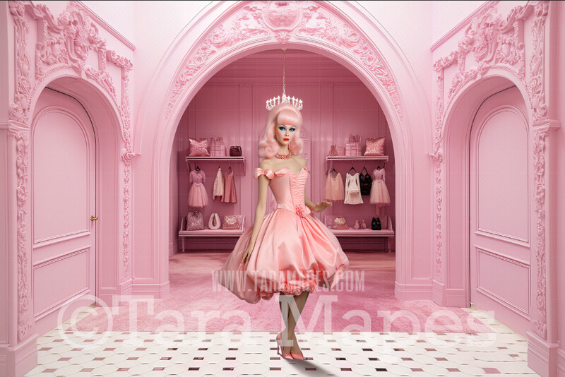 Pink Doll House Arch Digital Backdrop - Entry of Dresses -  Pink Dollhouse Wardrobe Digital Background