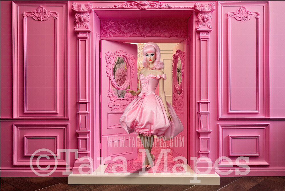 Pink Doll House Entrance Digital Backdrop - Pink Dollhouse Door Digital Background