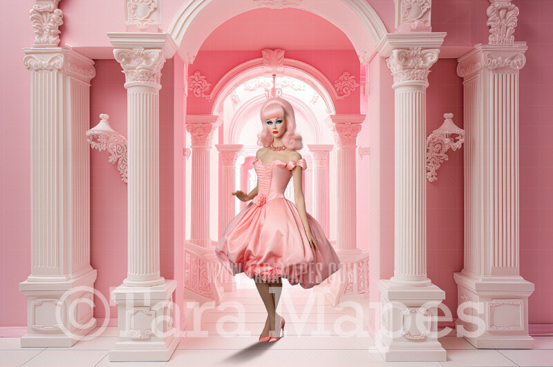 Pink Doll House Entrance Digital Backdrop - Pink Dollhouse ArchDigital Background